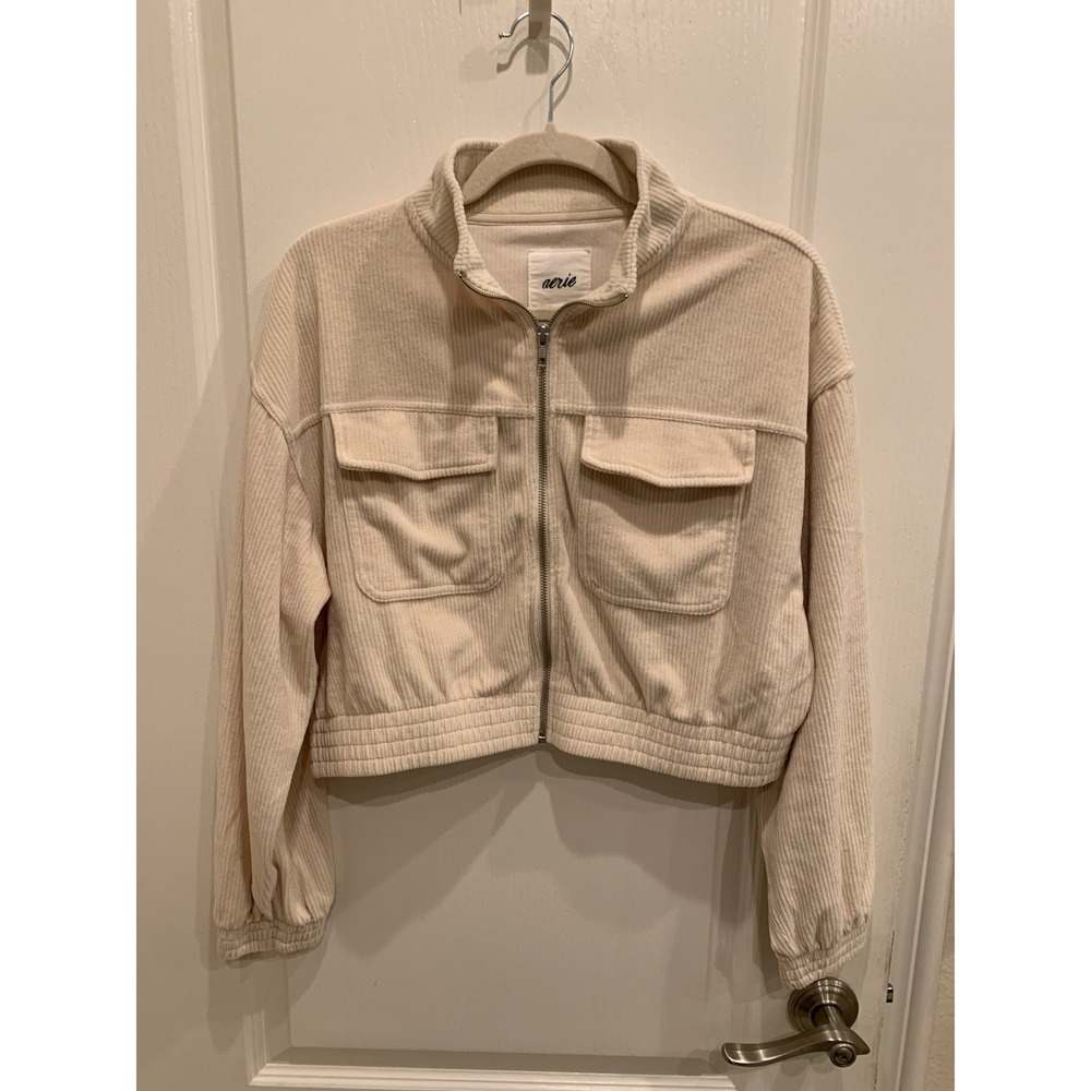 Aerie Cropped Jacket Womens Sz M Corduroy Cream Zip Up Groove On Crop